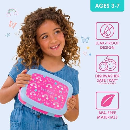 Bentgo Kids Prints Leak-Proof, 5-Compartment Bento-Style Kids Lunch Box - Ideal Portion Sizes for Ages 3-7, Durable, Drop-Proof, Dishwasher Safe, & Made w/BPA-Free Materials (Rainbows & Butterflies) - Rainbows and Butterflies thumbnail 5