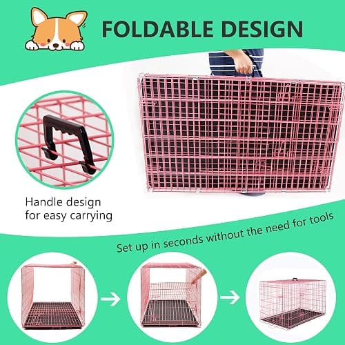 FDW 24 inch Dog Crate Dog Kennel Cage with Double Door Folding Metal Wire Dog Cage with Removable Tray&Divider Panel,Pet Crate for Small Dogs,Pink thumbnail 6