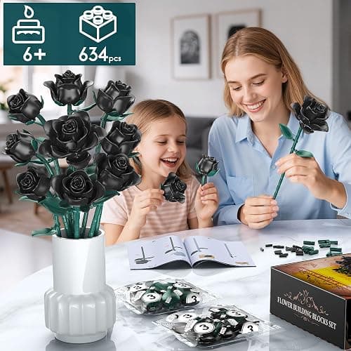 Black Roses Bouquet Building Set, 634Pcs Artificial Roses with 3 Blooming Stages, DIY Floral Home Office Decor for Women, Adults & Kids Ages 6+, Gift for Birthday Valentine's Day Halloween Christmas thumbnail 4
