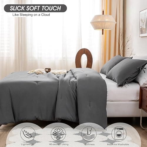 BOHOPOPM Ultra-Soft Cozy Polycotton Bedding Comforter Queen Set - Comfy Fluffy Down Alternative Comforter Queen Size with 2 Pillow Case - Lightweight but Warm Bed Blanket All Season - Dark Gray thumbnail 4