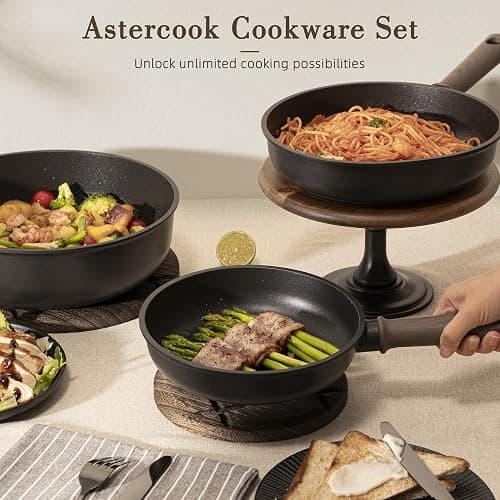 Astercook Non Stick Pots and Pans Set, Healthy Non-Toxic Titanium Induction Kitchen Cookware Sets for Cooking with Frying Pans, PFAS/PTFE/PFOA & PFOS Free, Black, 19 Pcs thumbnail 6