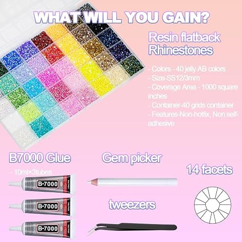 2 Boxes 100000+ Pcs Resin Jelly Rhinestones for Bedazzling Kit, 3mm Multicolor Flat Back Gems Bedazzler Kit with 3Pcs 10ml B7000 Jewelry Glue, Colorful Bulk Jewels for Diamond Nail Art thumbnail 2