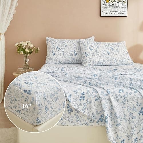 3 Piece Bed Sheets Set Twin Sheets White - Extra Soft Blue Floral Deep Pocket 16" - Luxury Soft Sheet & Pillowcase Set - Wrinkle & Shrink Resistant Cooling Sheet for Twin Size Bed thumbnail 6