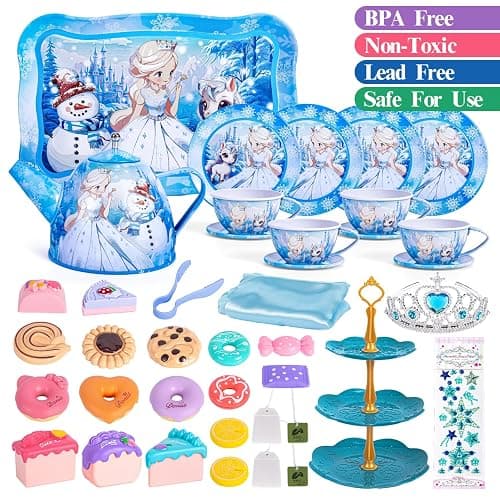 Hohosunlar Frozen Tea Party Set for Little Girls, Princess Gift Toy, Kids Pretend Play Tin Tea Set with Teapot, Tea Cups, Food Playset & Carrying Case, Birthday for Girls Age 3+ thumbnail 7