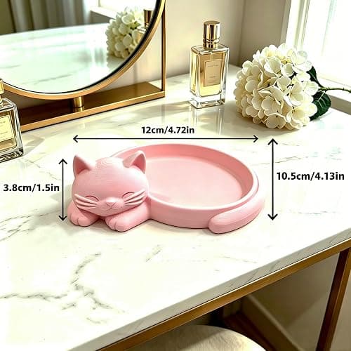Cat Ring Holder Jewelry Dish Cute Trinket Tray Gifts for Cat Mom Lovers | Pink Cat Design, 3D Printed, Holds Rings Earrings Necklace Keys, Vanity Dresser Bathroom Office Desk Decor Gifts for Women thumbnail 2