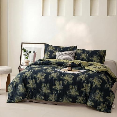 Purefair 100% Cotton Gauze Jacquard Comforter Set, Floral Lily Bloosom Print, Soft 2 Layers Reversible Lightweight 3 Piece Bedding Sets for All Season, Green Black, Full/Queen(90"x90") thumbnail 2