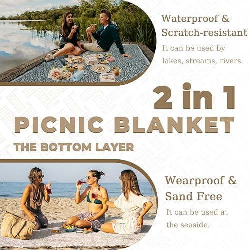 Genovega 2 in 1 Extra Large Outdoor Picnic Blanket Waterproof Woven Boho Mat Giant Beach Towel Travel Essential Yoga Accessories Park Patio Lawn Garden Grass Ground Music Festival Concert Must Have thumbnail 4