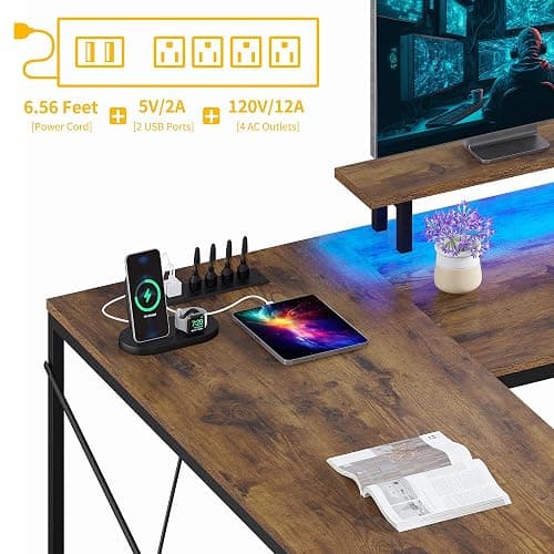 DWVO U Shaped Desk with Drawers, 79" Reversible L Shaped Desk with Power Outlets & LED Lights, Corner Computer Desk with Monitor Stand & Storage Shelves, Rustic Brown thumbnail 9