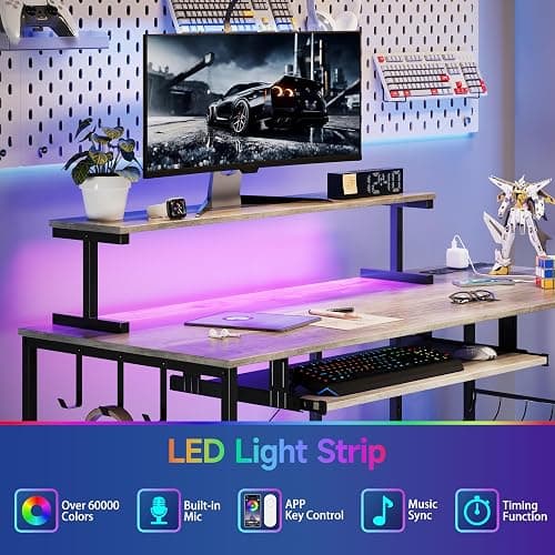 IAISRO L Shaped Gaming Desk with Power Outlets & RGB Lights, 46'' L- Shaped Desk Computer Corner Desk with Monitor Stand & Storage Shelf & Hook, Home Office Desk Writing Desk, Grey thumbnail 3