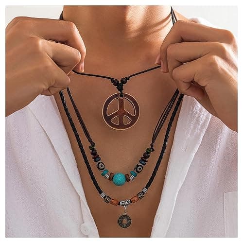 ZZQPSD Peace Sign Pendant Necklace Layered Puka Shell Turquoise Boho 1960s 1970s Hippie Party Accessories Necklaces thumbnail 2