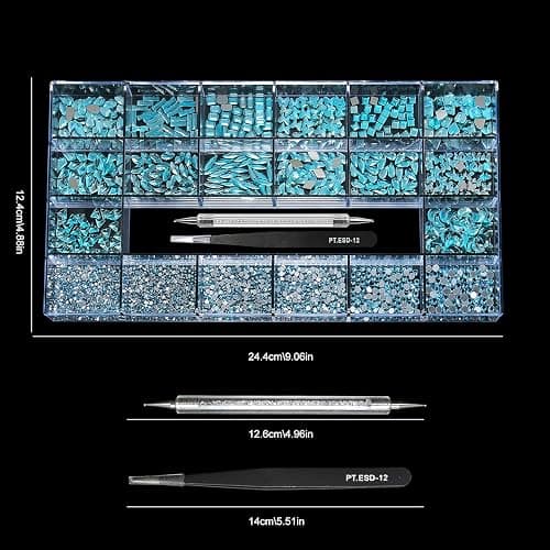 Yzzseven 14 Types of 700 Lake Blue Diamonds + 2100 Flat Rhinestones Mix 20 Styles Flatback DIY Crafts Rhinestone Crystals 3D Ornament‌s Flat Back Stones Set + Tweezers + Drill Pen thumbnail 5
