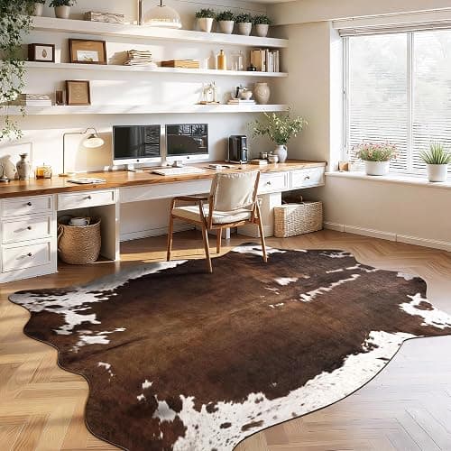DweIke Faux Cowhide Print Rug for Living Room, 4.6 x 5.2 ft Dark Brown Western Animal Cow Hide Rugs, Non Slip Cool Cow Skin Carpet for Bedroom Dining Room Farmhouse Entrance Home Decor thumbnail 3