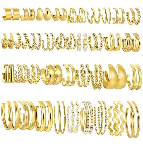 36 Pairs Gold Hoop Earrings Set for Women, Chunky Gold Earrings Multipack, Trendy Hypoallergenic Silver Hoop Earring Pack (Gold) - Image 1