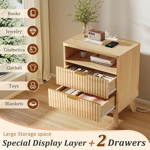 LYNCOHOME Fluted Nightstand with Charging Station, 19.7 inch Wide End Table with 2 Drawers, Modern Wood Bedside Table for Bedroom, Night Stand Set of 2,Natural thumbnail 3
