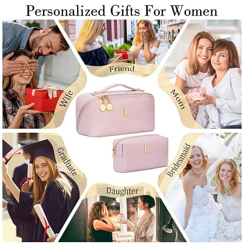 CLOUDWINGS Birthday Gifts for Women Teen Girl, Personalized Initial Makeup Organizer Bag Set, Open Flat Travel Cosmetic Bag With Clear Divider and Handle(Pink,L) thumbnail 3