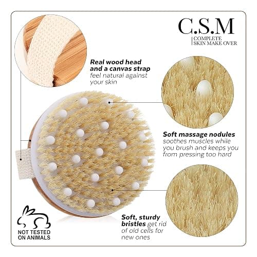 CSM Dry Brushing Body Brush for Lymphatic Drainage - Natural Boar Bristle Exfoliating Brush Set with Face Brush for Cellulite, Circulation & Glowing Skin thumbnail 3