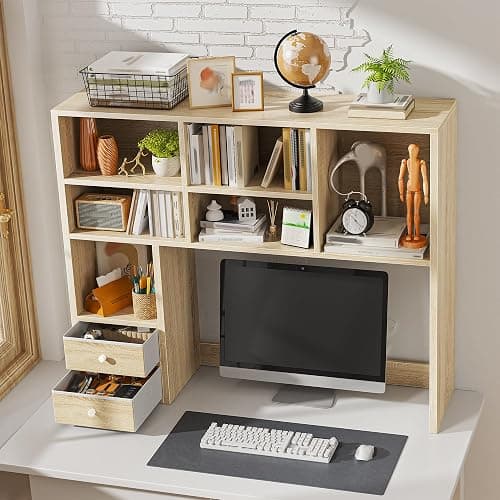 REIBII Desktop Bookshelf, High-Capacity Desk Hutch Organizer with 7 Shelves and 2 Drawers, Adjustable Bookshelf Storage, Desk Shelf for Top of Desk, Desk Hutch Dorm, Natural thumbnail 8