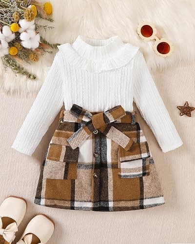 Coaturi Toddler Girl Clothes Sets: Long Sleeve Ribbed Tops Button Mini Skirts Set Fall Winter Outfits for Toddler 2-7 Years thumbnail 2