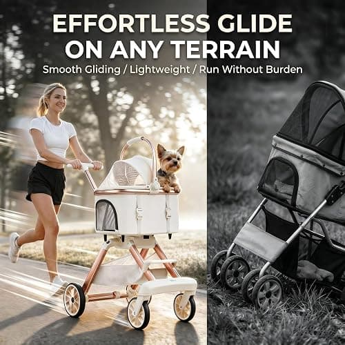 EPPMagice All-Terrain Pet Stroller for Small Medium Dogs & Cats, 20 lbs Capacity - Portable Carrier with One-Touch Brake, Lightweight Foldable Design & Shock Absorption Wheels,Beige thumbnail 3
