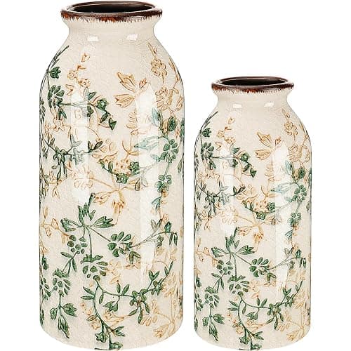 Ninehaoou 2 Pcs Vintage Ceramic Flower Vase Chinoiserie Antique Floral Vase Rustic Boho Farmhouse Decor for Home Table Bookshelf Aesthetic Centerpiece Gift(Vintage Green) - Image 1