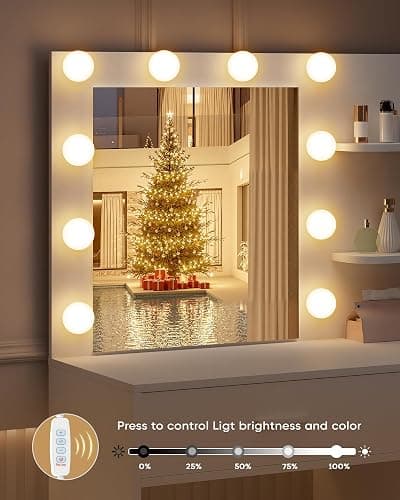LIVELYGLOW White Makeup Vanity with 10 Hollywood Light Bulbs, 35.4" Wide Dressing Table with Large Mirror & Dimming Function, Small Space Vanity Desk with 2 Drawers, Storage Cabinet & Shelves thumbnail 7