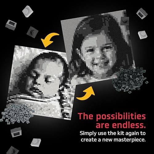 BRICK ME Pix-a-Pic Mosaic Kit, 4900 Bricks (15.1″ × 15.1″) | DIY Pixel Photo Mosaic with Shades of Gray, Black & White | Includes 4 Baseplates, Connector & Brick Separator thumbnail 4