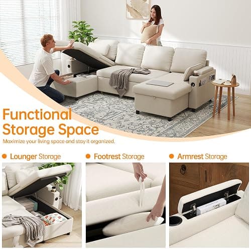DURASPACE Sofa Bed Pull Out Couch Sleeper with Double Storage Chaise, U Shaped Convertible Sectional Sleeper Sofa for Living Room with USB Charging Ports, Cup Holder (Beige) thumbnail 3