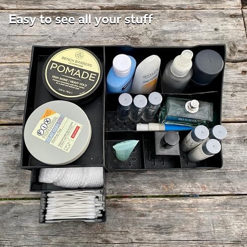 UNCLUTTERED DESIGNS Large Black Cosmetic Organiser - Organiser Box With Drawers for Aftershave, Deodorant, Beard, Shaving Lotion, Perfume & Skincare - Perfect for Mens Bathroom & Bedroom Storage thumbnail 4