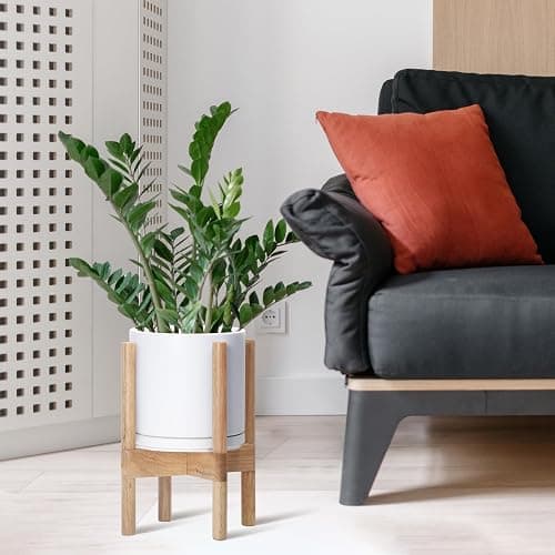D'vine Dev Ceramic Planter with Natural Stand - 8 Inch Modern Round Flower Pot with Wood Planter Holder, White, 55-B-N-1 thumbnail 4