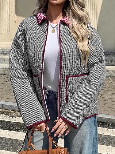 Tankaneo Womens Cropped Quilted Jackets Plaid Lightweight Full Zip Up Jacket Puffer Padded Coat with Pockets thumbnail 2