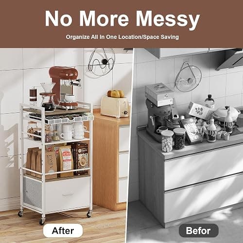 Coffee Bar Cabinet with Storage，5 Tier Coffee Station Table on Wheels, 33.6" H Cart with Drawer for Home Kitchen, Liquor Buffet Sideboard Cabinet (Modern White) thumbnail 5