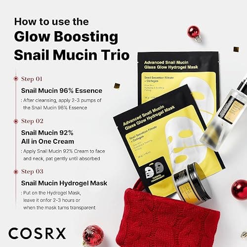 COSRX Snail Mucin Limited Holiday Gift Set with Snail Mucin Repairing Serum, Moisturizer & Collagen Face Mask, Korean Skin Care Set, Stocking stuffers, Gifts for Women, Amazon Exclusive thumbnail 4