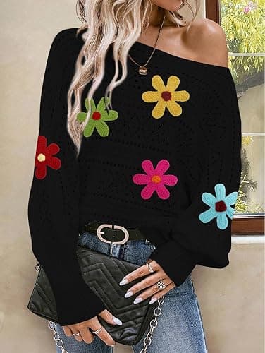 Cakulo Womens Off Shoulder Sweater Top Fall Outfits Fashion 2025 Oversized Knit Batwing Long Sleeve Crochet Flower Sweaters thumbnail 6
