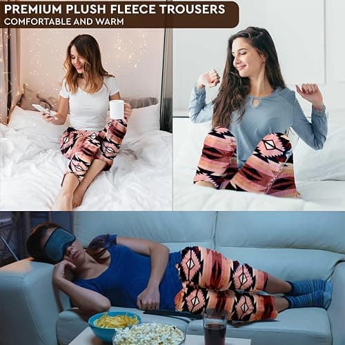 TrailCrest Ultra Soft Women’s Lounge Pants, Plush Fleece with Velvety Silk Feel, Aztec/Ikat Fun and Trendy Prints - Medium - Red and Yellow Aztec thumbnail 4