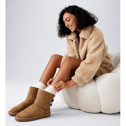BlackTwig Women's Mid Calf Suede Winter Boots, Slip-On Snow Boots, Cozy Fur Lined, Back Bow Design thumbnail 2