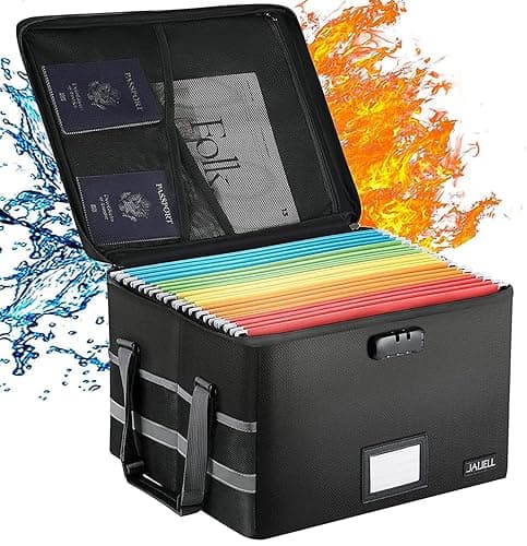 JALIELL File Box with Lock - Fireproof Document Box File Organizer with Zipper & Adjustable Handle, Collapsible File Storage Box for Home Office, Filing Cabinet for Hanging Letter/Legal Folder - Image 1