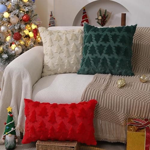 DFXSZ Christmas Tree Pillow Covers 18x18 inch Set of 2 Christmas Decoration Beige Soft Plush Faux Fur Jacquard Throw Pillows for Bedroom Sofa Holiday Festivals Winter Home Decor PTK006C18 thumbnail 2