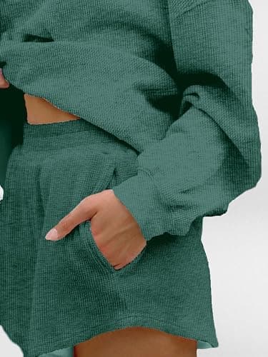 AnotherChill Women's Oversized Waffle Knit Lounge Set Long Sleeve Sweatshirt and High Waisted Shorts 2 Piece Casual Outfit thumbnail 5
