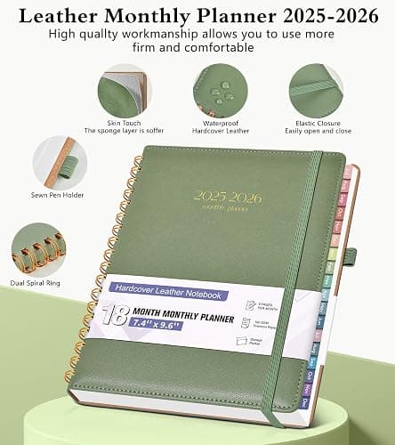 Monthly Planner 2025-2026, 15 Months Hardcover Calendar Planner from October 2025 - December 2026, 7.4'' x 9.6'' Monthly Planner with Tabs, Spiral Daily Planner Perfect for Office School Teacher Student, Green thumbnail 4