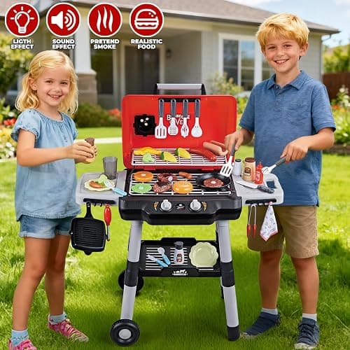 Kids Play Kitchen Toys, Kids BBQ Grill Playset with Smoke Sound Light, 2-Layer Barbecue Toy with Wheel, Outdoor Play Grill Toys for Toddlers 3-5, Play Food Toys Cooking Set, Birthday Gift for Boy Girl thumbnail 2