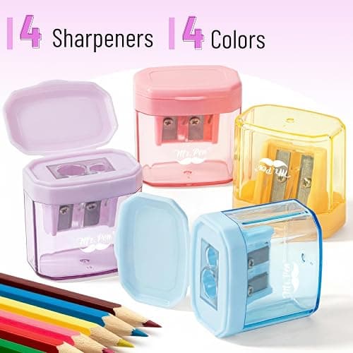 Mr. Pen- Manual Pencil Sharpener, 4 Pack, Colorful, Dual Holes | Compatible with Standard and Jumbo Pencils, Snap-on Lid, Colored Handheld Pencil Sharpener for Artists, Classroom thumbnail 4