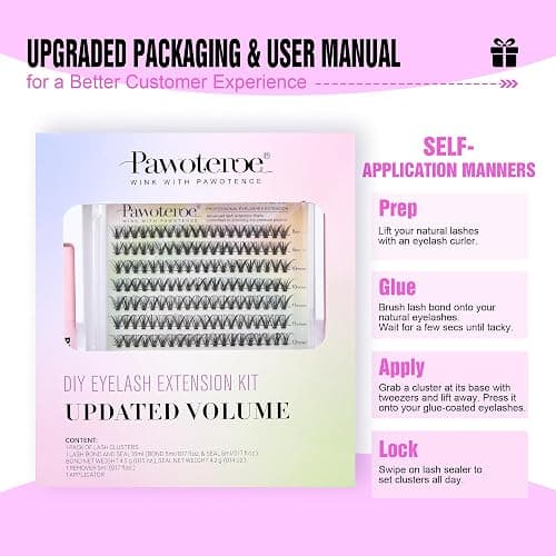 Pawotence Lash Extension Kit DIY 280pcs Individual Lash Clusters Kit 30D Cluster Eyelash Extensions Kit with Lash Bond and Seal, Lash Remover, Lash Tweezers for Self Use (30D, 8-15mm, All Kit) thumbnail 8
