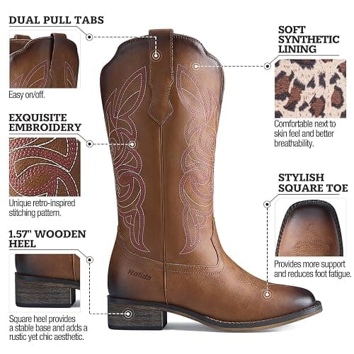 Rollda Cowgirl Boots Cowboy Boots for Women Square Toe Mid Calf Western Boots Ladies Fashion Boots with Chunky Heel thumbnail 4