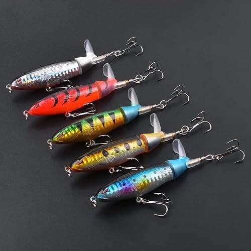 Whopper Fishing Lure for Bass, 5pcs Popper Lures Plopper Floating Pencil Bait with Rotating Tail Treble Hooks for Pike Catfish Bass Saltwater Freshwater thumbnail 6