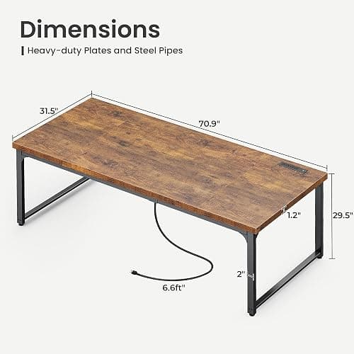 Huuger 71 x 31.5 Inch Desk with Power Outlets & USB-C, 1.2 Inch Thicker Desktop, Robust Metal Tubes, Deep Computer Desk, Heavy Duty Office Desk, Work Desk for Home Office, Rustic Brown thumbnail 3