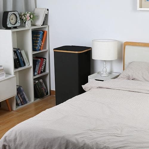 efluky 100L Laundry Basket with Lid and Net Bag, Tall Laundry Hamper with Bamboo Handles, Aesthetic Dirty Clothes Bin for Laundry Room, Bathroom, Bedroom and Dorm, Black thumbnail 2