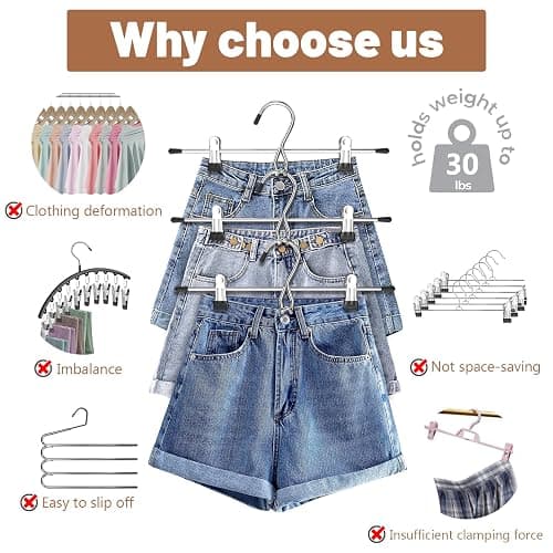 Pants Hangers Space Saving,Stackable Skirt Hangers with Clips, Hanging Closet Organizer and Storage,Clothes Hangers, College Dorm Essentials Apartment Essentials- 8 Pack thumbnail 4