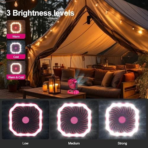 Odoland Portable Camping Fan with LED Lantern, 20000mAh Rechargeable Battery Powered Fan with Auto Oscillation, Timer, Remote, 360° Rotation Hook, 4 Speeds for Power Outage Travel Home, Pink thumbnail 3