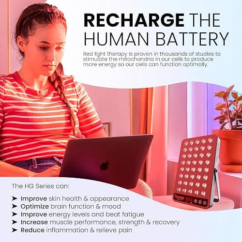 Hooga Red Light Therapy Panel, 660nm Red & 850nm Near Infrared LED Light with Timer and Built-in Stand, 60 High-Efficiency Low-Level LEDs (<5 mW), Flicker-Free Wellness and Recovery Device – HG200 thumbnail 2