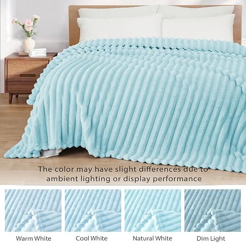 Exclusivo Mezcla Fleece Throw Blanket for Couch, Super Soft Striped Jacquard Bed Blanket, Lightweight Fuzzy Cozy for All Seasons, 50x60 Inches, Light Blue - Light Blue - Throw (50"x60") thumbnail 3